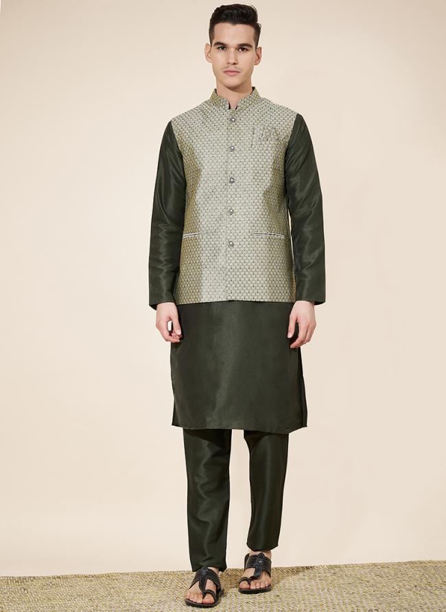 Pure Silk Grey Wedding Wear Printed Readymade Modi Jacket Kurta Pajama